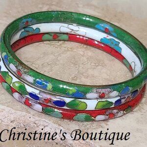 Cloisonne Set of 3 Bangle Bracelets Red White & Green